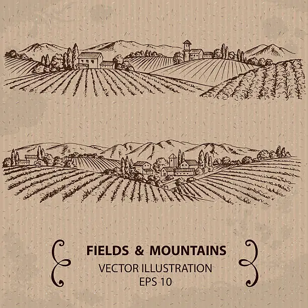 Vector illustration of Tuscany Landscape with Fields and Mountains.