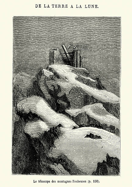 Vintage engraving showing a scene from the Jules Verne novel De la terre a la lune (From the Earth to the Moon).  It tells the story of the Baltimore Gun Club, a post-American Civil War society of weapons enthusiasts, and their attempts to build an enormous sky-facing Columbiad space gun and launch three people in a projectile with the goal of a moon landing.