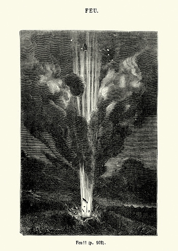 Vintage engraving showing a scene from the Jules Verne novel De la terre a la lune (From the Earth to the Moon).  It tells the story of the Baltimore Gun Club, a post-American Civil War society of weapons enthusiasts, and their attempts to build an enormous sky-facing Columbiad space gun and launch three people in a projectile with the goal of a moon landing.