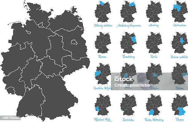 Germany Map With Federal States Vector Set Stock Illustration - Download Image Now - 2015, Berlin, Black Color