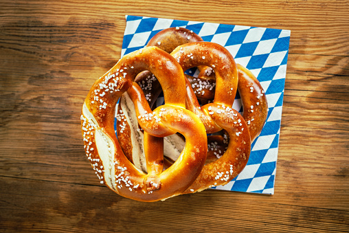 Top view of pretzel on wooden table, Beer Fest