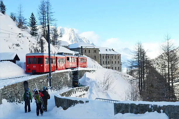 Electric train leaving station at Mer de Glace (Sea of ice) in Chamonix, French alps