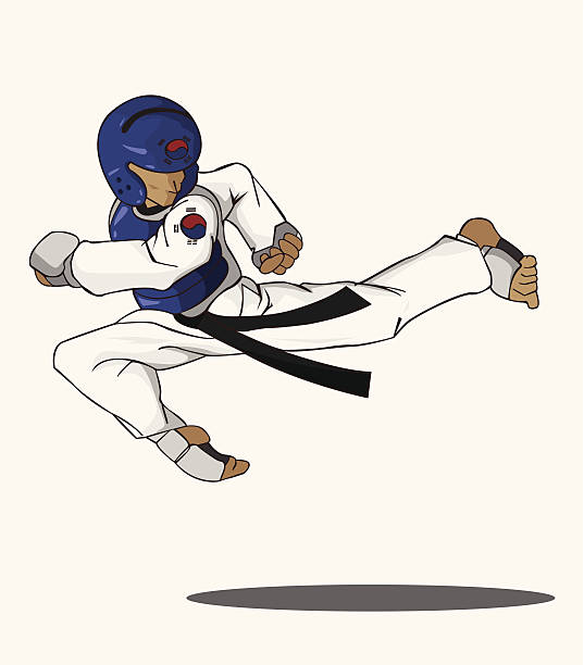 illustrazioni stock, clip art, cartoni animati e icone di tendenza di taekwondo arte marziale - kicking tae kwon do martial arts flying