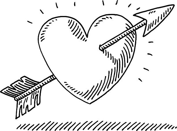 Love Heart Arrow Drawing Hand-drawn vector drawing of a Love Heart with an Arrow. Black-and-White sketch on a transparent background (.eps-file). Included files are EPS (v10) and Hi-Res JPG. black and white heart stock illustrations