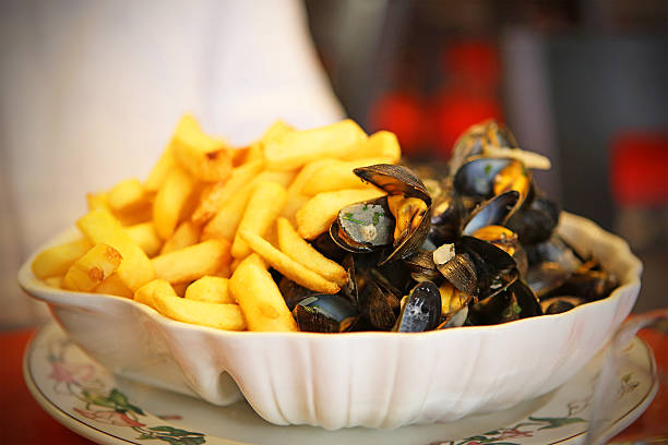 French Fries and Mussels or Moules Frites stock photo
