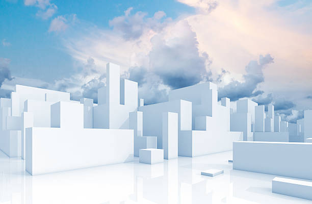 Abstract white schematic 3d cityscape and sky Abstract white 3d cityscape over natural cloudy sky background late modern period stock pictures, royalty-free photos & images