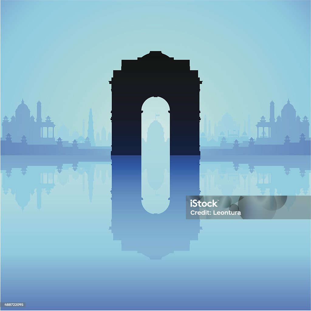 India Gate (Complete, Detailed, Moveable Buildings) India Gate with other famous Indian buildings in the background, including the Secretariats, Jama Masjid, Qutub Minar, Lakshmi Temple, the Presidential Palace, the Taj Mahal, and the Red Fort. India Gate stock vector