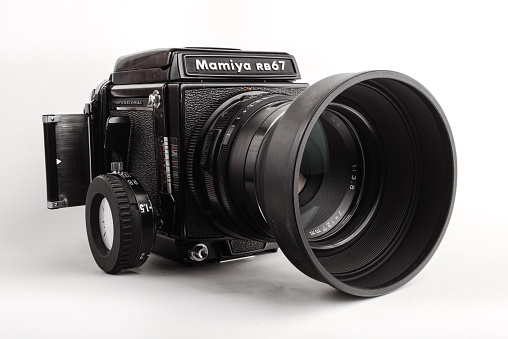 Bryansk, Russia - September 18, 2015: Close-up shot of medium format film camera Mamiya RB67.