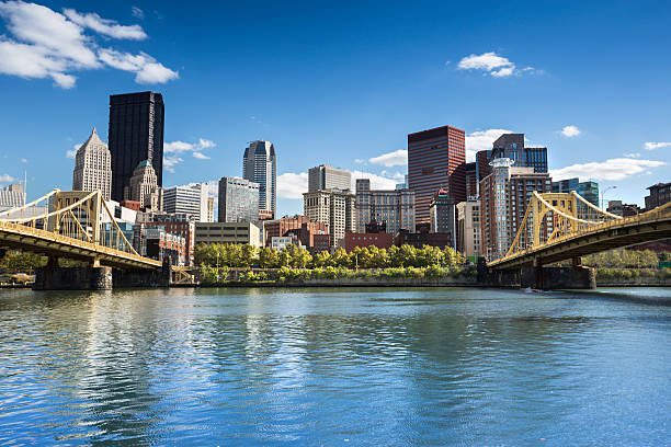 Pittsburgh Skyline Roberto Clemente Bridge and the Andy Warhol Bridge over Allegheny River Pittsburgh Pennsylvania USA sixth street bridge stock pictures, royalty-free photos & images