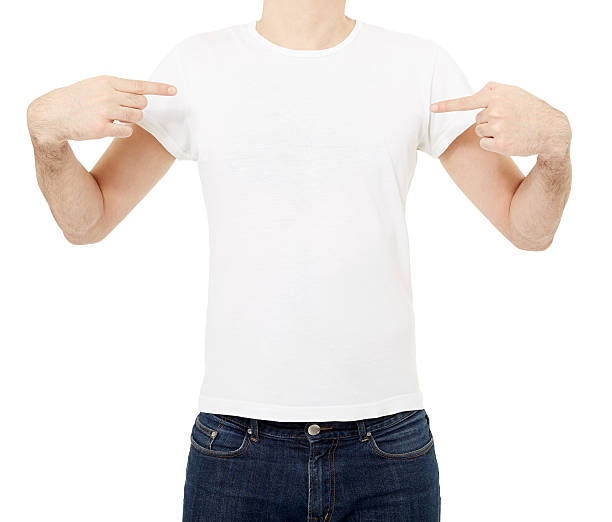 istock Man pointing at white t-shirt 488723591