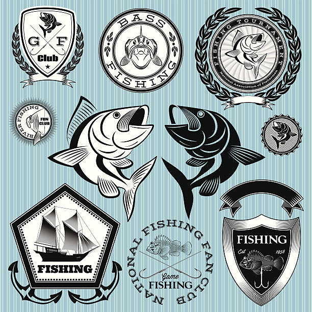 ilustrações, clipart, desenhos animados e ícones de defina vetor emblems sobre o tema de pesca - catfish fish fishing fishing hook