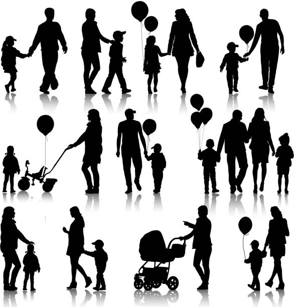 parents and children Black set of silhouettes of parents and children on white background. Vector illustration. family silhouettes stock illustrations