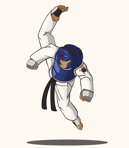 ilustraciones, imágenes clip art, dibujos animados e iconos de stock de taekwondo arte marcial - kicking tae kwon do martial arts flying