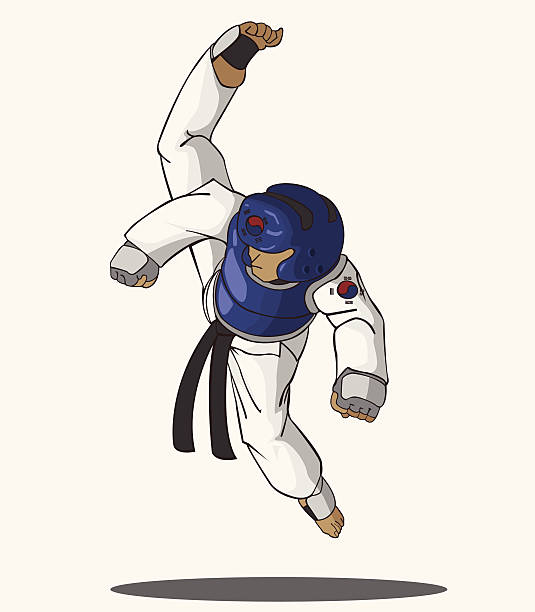 illustrazioni stock, clip art, cartoni animati e icone di tendenza di taekwondo arte marziale - kicking tae kwon do martial arts flying
