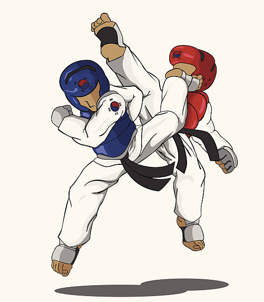 illustrazioni stock, clip art, cartoni animati e icone di tendenza di taekwondo arte marziale - kicking tae kwon do martial arts flying