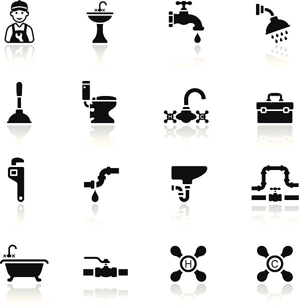 ilustrações de stock, clip art, desenhos animados e ícones de preto conjunto de ícone de canalização - water pipe sewer pipeline leaking