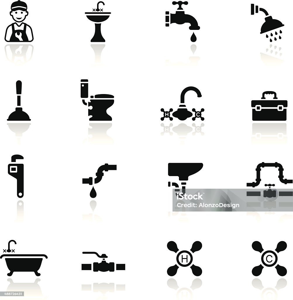 Black Plumbing Icon Set High Resolution JPG,CS6 AI and Illustrator EPS 10 included. Each element is named,grouped and layered separately. Very easy to edit.  Icon Symbol stock vector