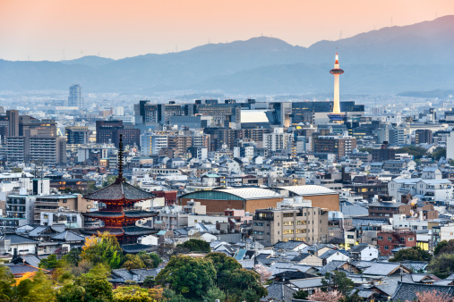 Kyoto, Japan skyline at dusk.