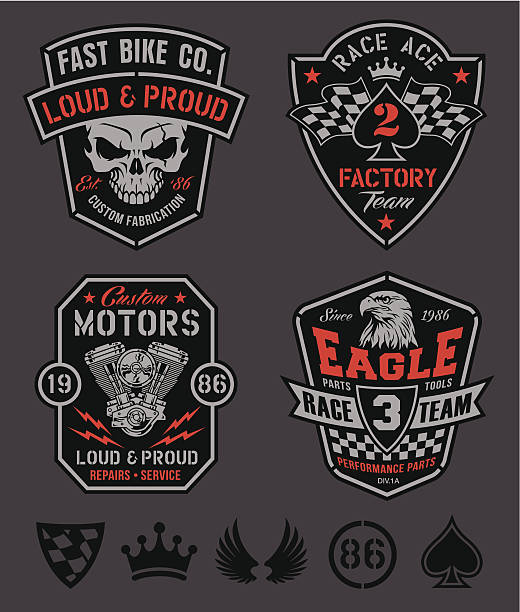 illustrazioni stock, clip art, cartoni animati e icone di tendenza di toppe set di emblema motore - piston sports race engine gear