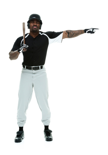 Bat Pointing Baseball Player Standing With Bat And Pointing Stock Photo - Download ...
