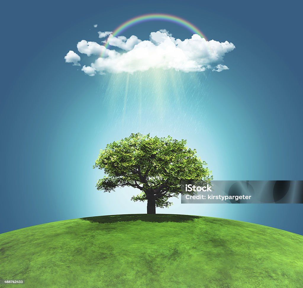 3D render of a grassy landscape with tree rainbow 3D render of a grassy curved landscape with a tree, rainbow and raincloud Globe - Navigational Equipment Stock Photo