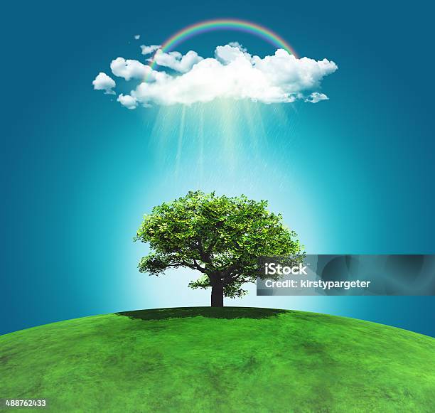 3d Render Of A Grassy Landscape With Tree Rainbow Stock Photo - Download Image Now - Globe - Navigational Equipment, Planet - Space, Rainbow