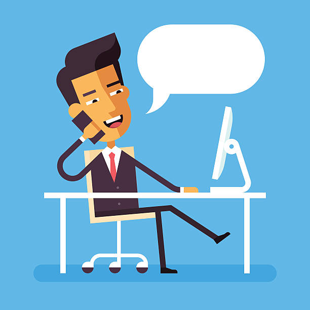 Asian businessman sitting at the desk with phone Handsome asian manager in formal suit sitting legs crossed at the desk with a computer and talking on cell phone. Cartoon character - asian businessman. Stock vector illustration style flat. asian suit man cross hand stock illustrations