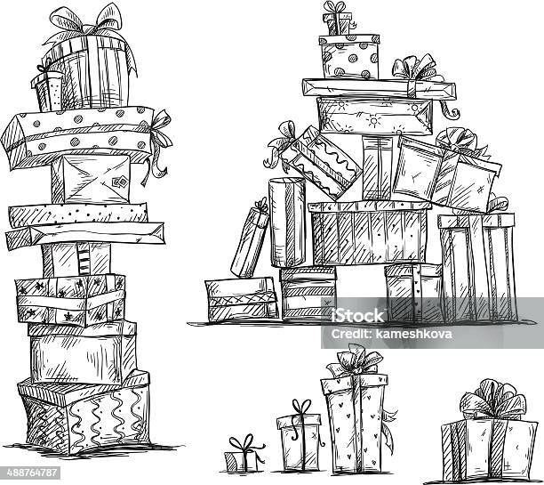 Piles Of Presents Doodle Heaps Of Gift Boxes Vector Illustration Stock Illustration - Download Image Now