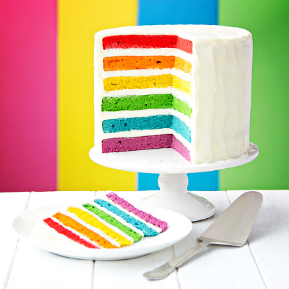 Rainbow layer cake on a cake stand