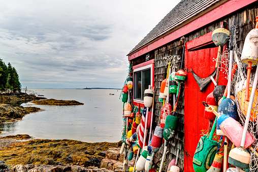 The Ultimate fishing shack with lobster buoys and a peaceful harbor scene