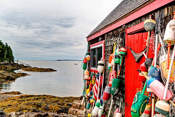 Fishing shack in a Maine harbor stock photo