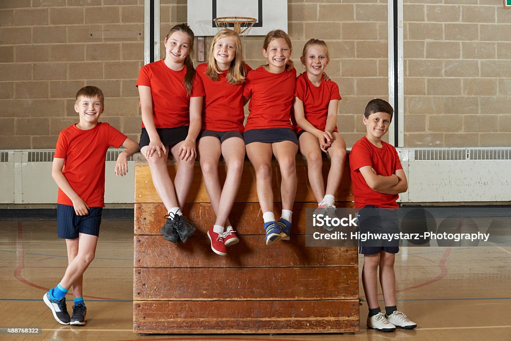 Retrato de Equipo de gimnasio escolar estar en saltar el potro de caballos - Foto de stock de Niño libre de derechos