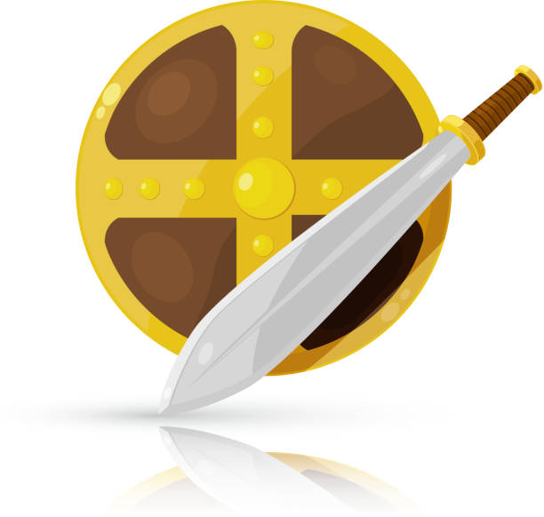 ilustraciones, imágenes clip art, dibujos animados e iconos de stock de protector y espada, aislado sobre fondo blanco. vector de - shield shielding riot shield computer