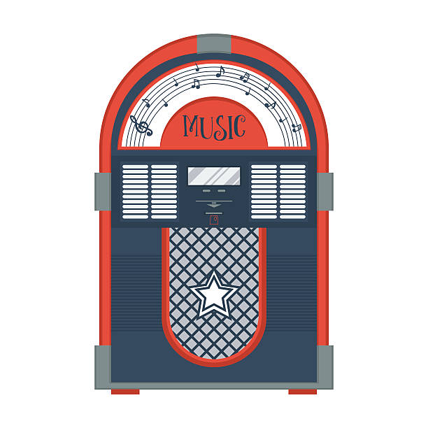 Flat retro jukebox isolated on white. Flat retro jukebox isolated on white. Music device. Modern trendy design for music concept. Poster, card, leaflet or banner template design with place for text. Vector illustration. digital jukebox stock illustrations