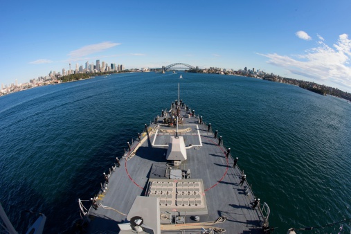 A U.S. Naval Ship (DDG) enters Sydney harbor.