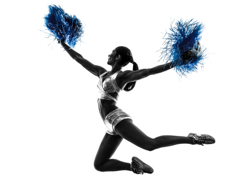 one young woman cheerleader cheerleading silhouette studio on white background
