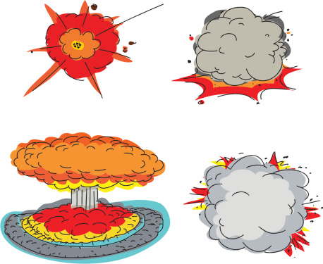 Set of four cartoon explosions over white background