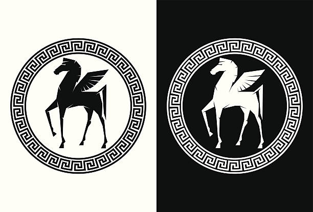 illustrazioni stock, clip art, cartoni animati e icone di tendenza di cavallo pegasus il volo - medusa greek mythology mythology gorgon