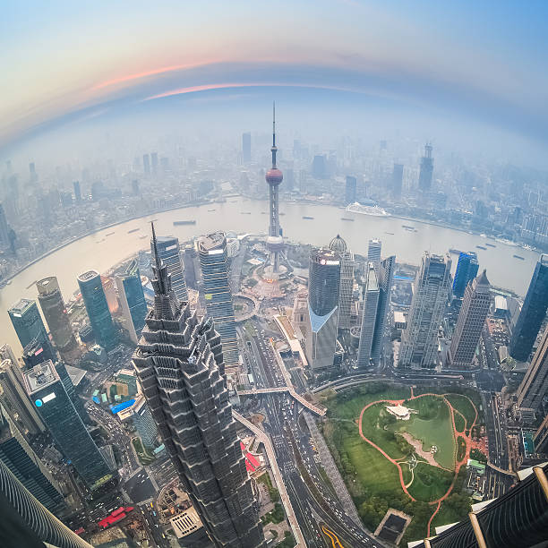 istock fisheye view of shanghai at dusk 488784747
