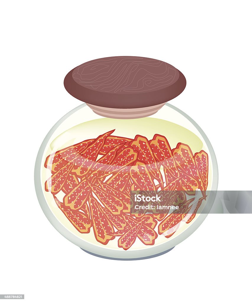 Jar of Pickled Orange Sweet Peppers with Malt Vinegar Illustration of Delicious Pickled Half Paprikas in Vinegar, Sugar, Salt and Condiment in A Glass Jar Isolated on White Background. Bell Pepper stock vector