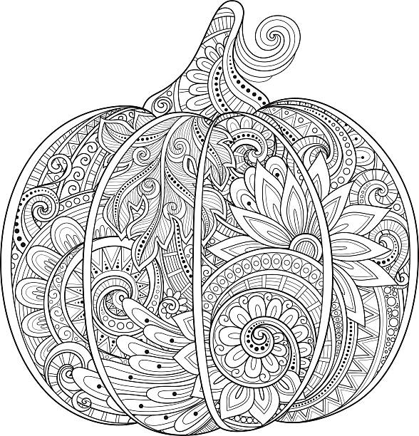 Vector Monochrome Decorative Punkim with Beautiful Pattern Vector Monochrome Decorative Punkim with Beautiful Pattern. Thanksgiving Symbol. Halloween Decorations autumn coloring pages stock illustrations