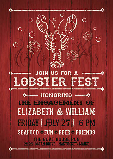 Lobster Fest Invitation Red Barn Wood Background with Lobster, clams, bubbles, and seaweed. Plenty of room for your copy. EPS 10 transparencies used. lobster seafood stock illustrations