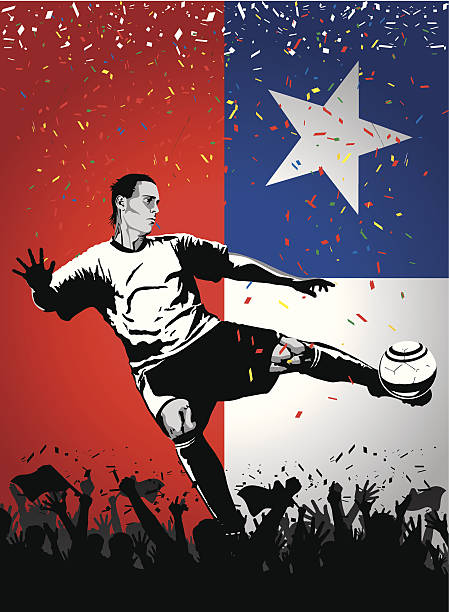 Soccer player Chile Soccer player kicking a ball against an Chilean flag with cheering crowd and confetti football player volleying ball stock illustrations