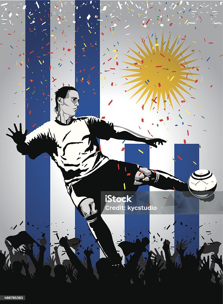 Soccer player Uruguay Soccer player kicking a ball against an Uruguayan flag with cheering crowd and confetti Uruguay stock vector