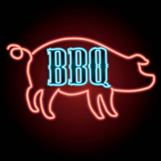 ilustrações de stock, clip art, desenhos animados e ícones de porco assado bbq com tema sinal de néon - pig pork meat barbecue