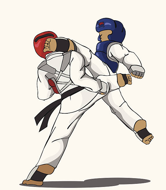 ilustraciones, imágenes clip art, dibujos animados e iconos de stock de taekwondo.  arte marcial - kicking tae kwon do martial arts flying