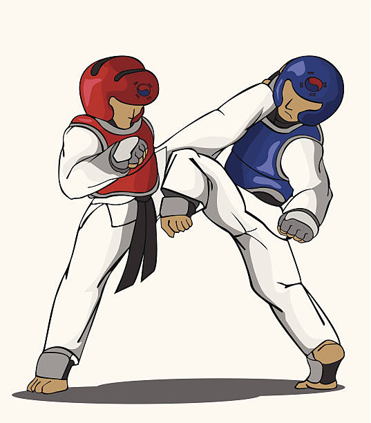 ilustraciones, imágenes clip art, dibujos animados e iconos de stock de taekwondo.  arte marcial - kicking tae kwon do martial arts flying