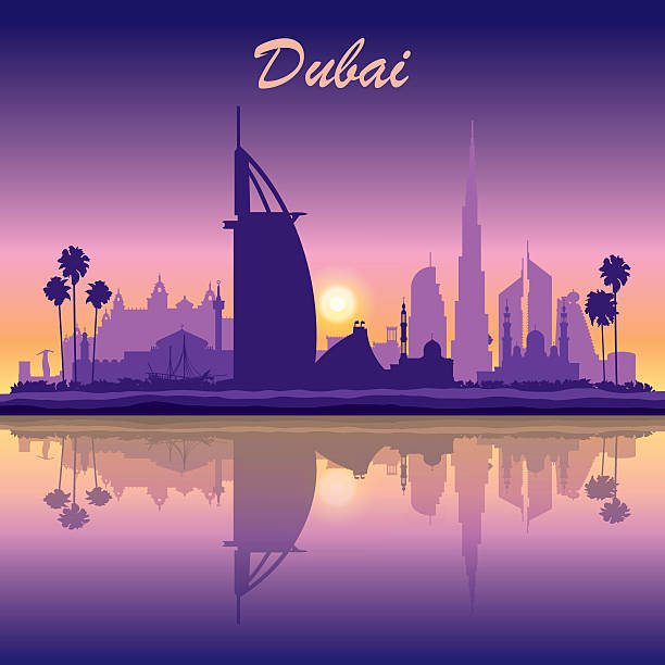 dubai skyline silhouette über sonnenuntergang hintergrund - dubai stock-grafiken, -clipart, -cartoons und -symbole