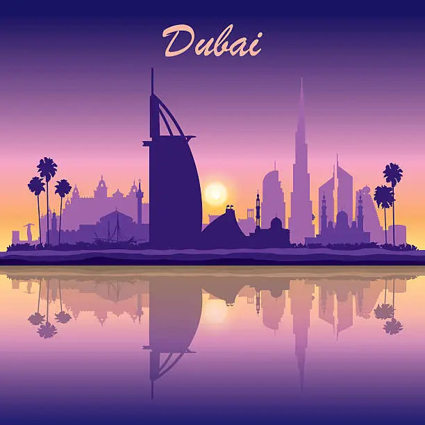 Vector illustration of Dubai skyline silhouette on sunset background