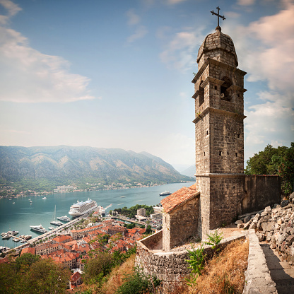 Church of Saint Jovan. And aerial view of Kotor Bay, Montenegro.